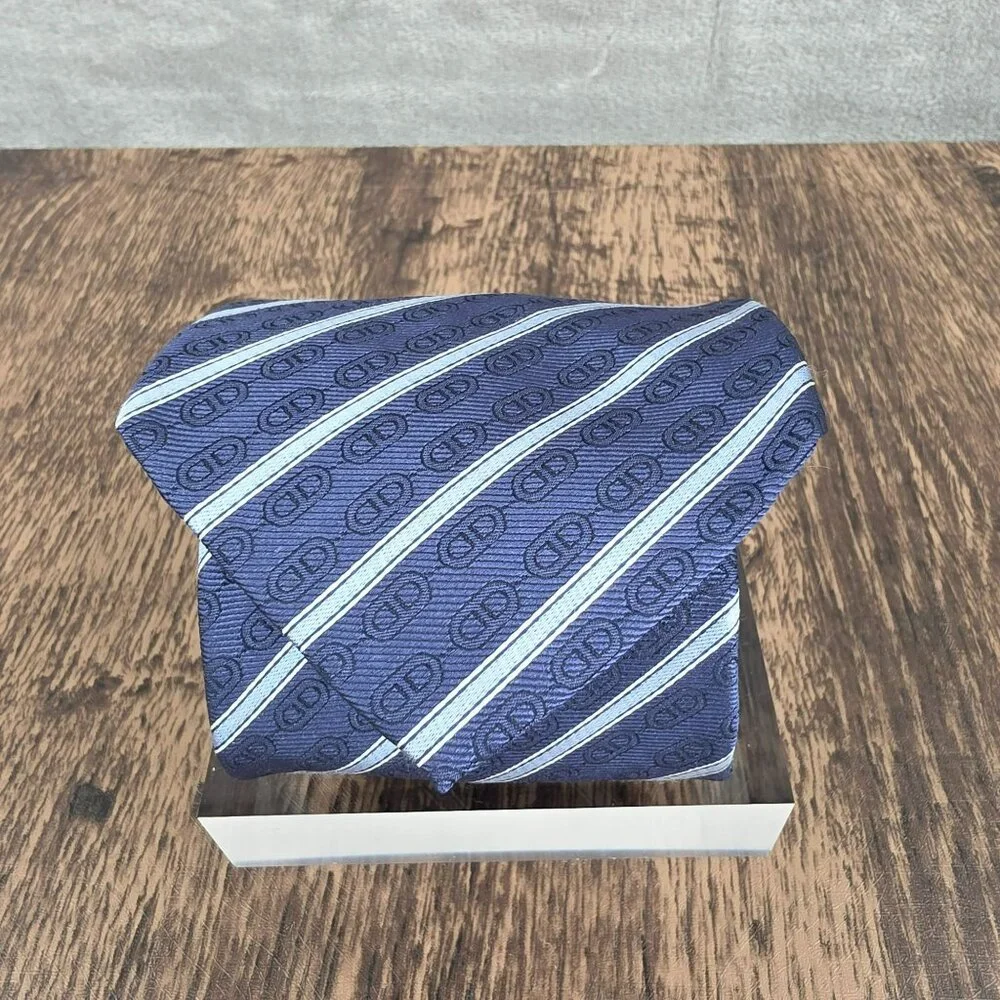 Celine Neck Tie 100% Silk Blue Striped Chain Designer Italian Quality Corpcore